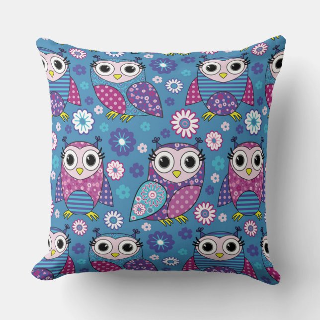Cute Owls And Flowers Cushion (Front)