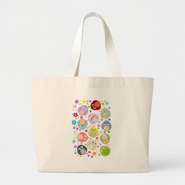 Cute Owls and Flowers pattern Large Tote Bag (Front)