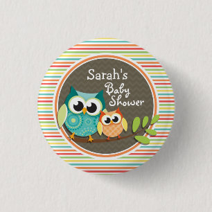 Cute Owls Baby Shower, Bright Rainbow Stripes 3 Cm Round Badge