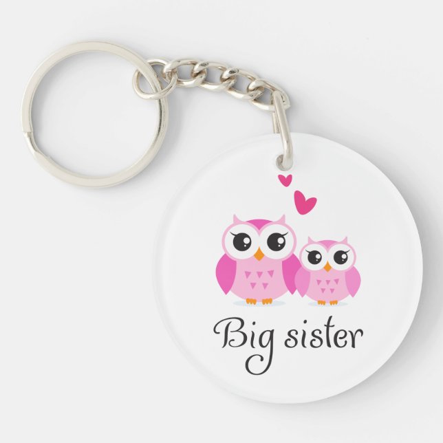 Cute owls big sister little sister cartoon key ring (Front)
