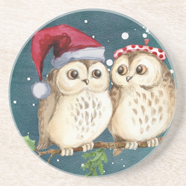 Cute Owls Christmas Coaster Holiday Table Decor (Front)
