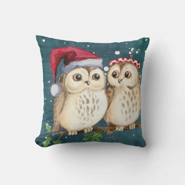 Cute Owls Christmas Throw PIllow Holiday Decor (Front)