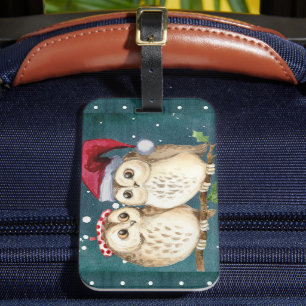 Cute Owls Couple Christmas Santa Hat Decoration Luggage Tag