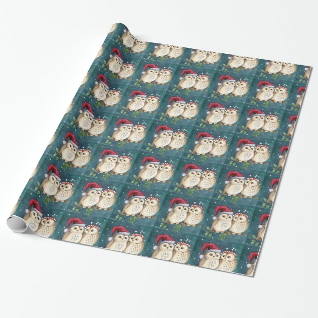 Cute Owls Couple Glossy Christmas Wrapping Paper (Unrolled)