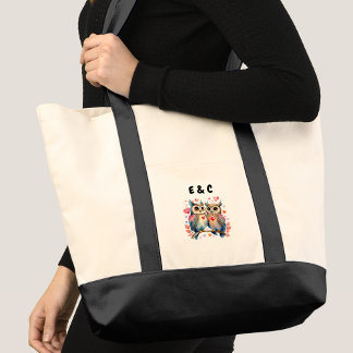 Cute owls couple initials tote bag