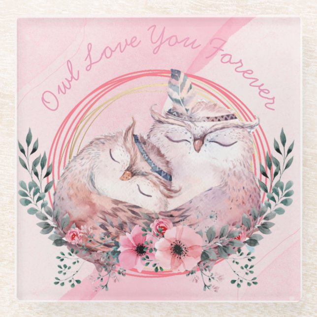 Cute Owls Glass Coaster (Front)