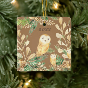 Cute Owls Greenery Pine Watercolor Christmas Year Ceramic Ornament
