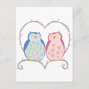 Cute Owls in Love Heart Pink Blue Clipart Postcard