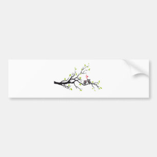 Cute owls in love on tree branch bumper sticker