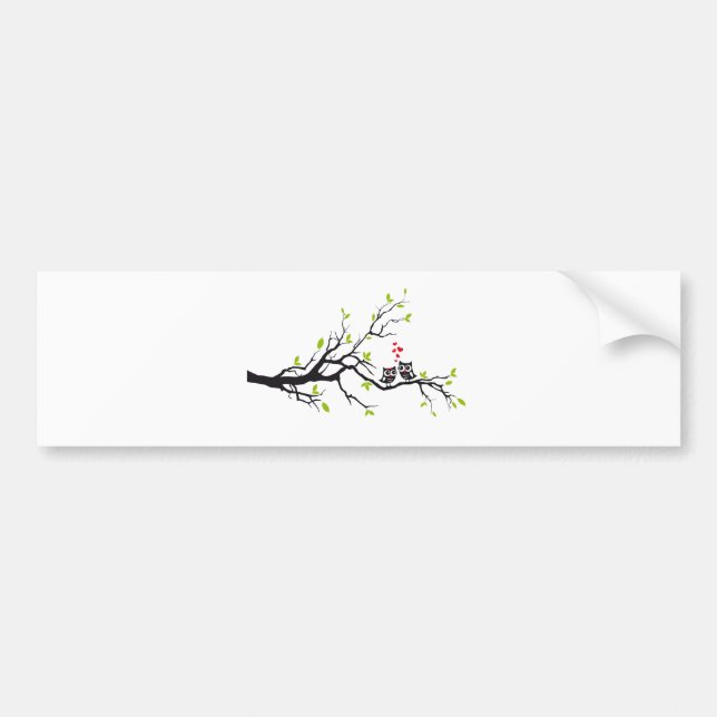 Cute owls in love on tree branch bumper sticker (Front)