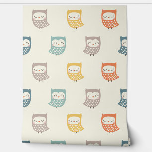 Cute Owls in muted fall colours on cream Wallpaper