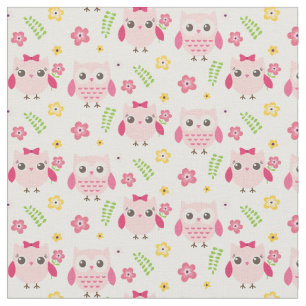 Cute Owls in pink with flowers and branches Fabric
