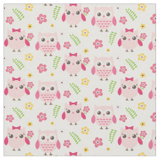 Cute Owls in pink with flowers and branches Fabric