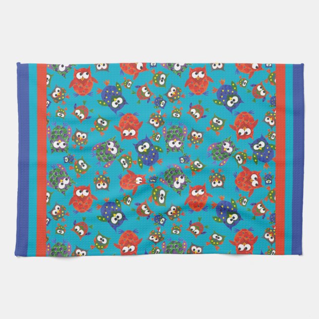 Cute Owls Kitchen Towel, Red, Blue, Green Tea Towel (Horizontal)