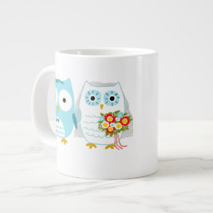 Cute Owls Newlywed Wedding Couple with Custom Text Large Coffee Mug