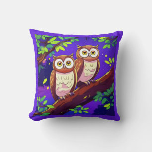 Cute Owls on a Branch at Night Cushion