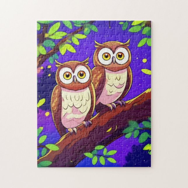 Cute Owls on a Branch at Night Jigsaw Puzzle (Vertical)