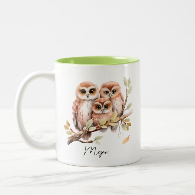 Cute Owls on a Tree Branch Two-Tone Coffee Mug (Left)