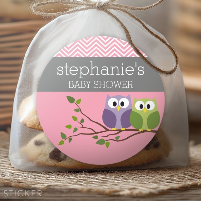 Cute Owls on Branch Baby Girl Shower Pink Classic Round Sticker (Custom Sticker for Party Favors and Envelopes)