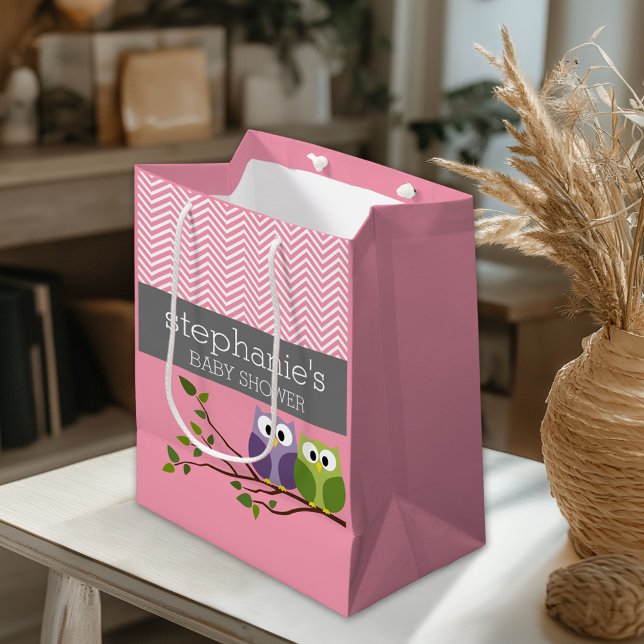 Cute Owls on Branch Baby Girl Shower Pink Medium Gift Bag (Custom Gift Bag)