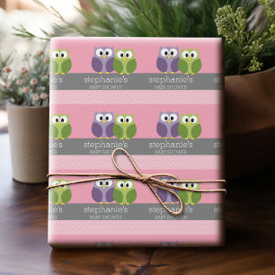 Cute Owls on Branch Baby Girl Shower Pink Wrapping Paper