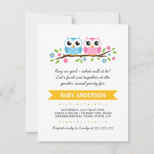 Cute owls on floral branch baby reveal party invitation (Front)