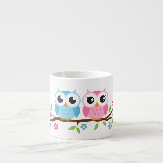 Cute owls on floral branch personalised name espresso cup (Front)