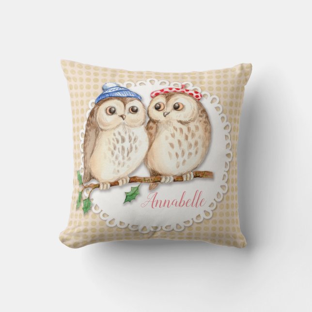 Cute owls on the branch. Personalised Cushion (Front)