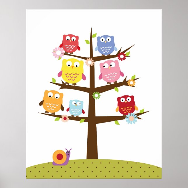 Cute owls on tree illustration poster (Front)