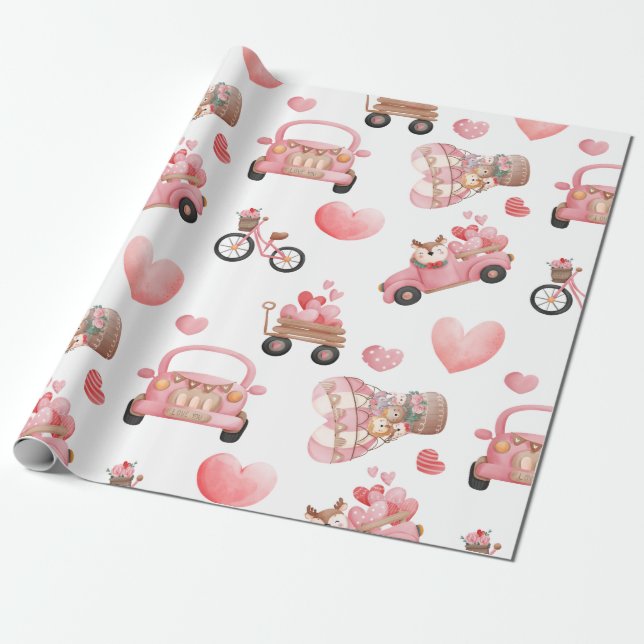 Cute Owls on Valentine's Day Cars Pink Hearts Wrapping Paper (Unrolled)