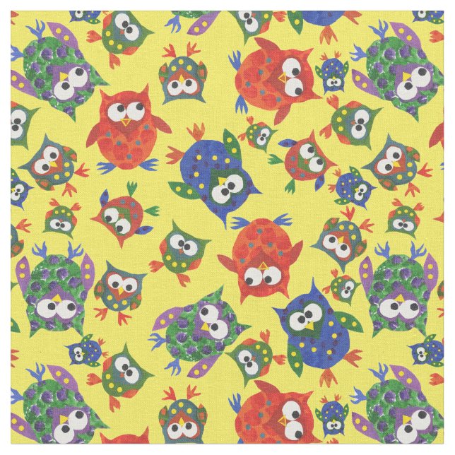 Cute Owls on Yellow Fabric to Customise (Close Up)