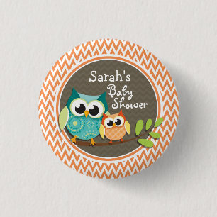 Cute Owls; Orange and White Chevron; Baby Shower 3 Cm Round Badge
