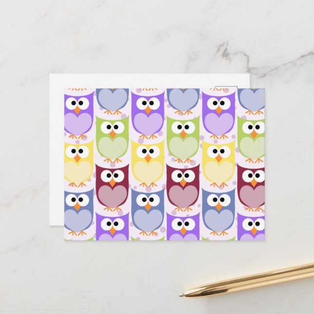Cute Owls, Owl Pattern, Baby Owls, Colourful Owls Postcard (Front/Back In Situ)