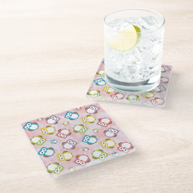 Cute Owls, Owl Pattern, Colourful Owls, Baby Owls Glass Coaster (Angled)