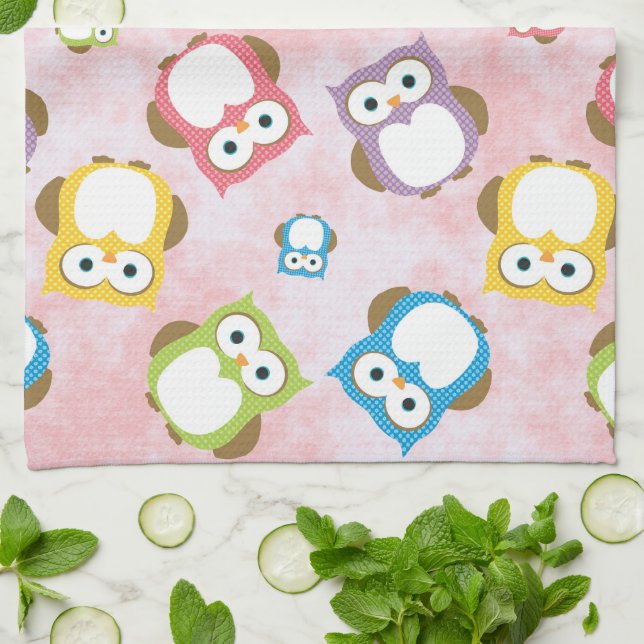 Cute Owls, Owl Pattern, Colourful Owls, Baby Owls Tea Towel (Folded)