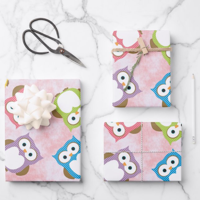 Cute Owls, Owl Pattern, Colourful Owls, Baby Owls Wrapping Paper Sheet (Front)