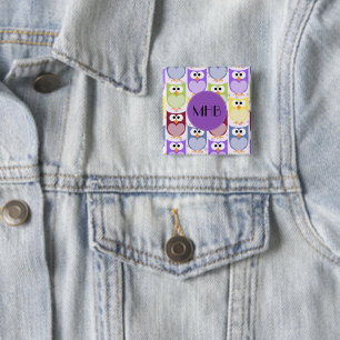 Cute Owls, Owl Pattern, Colourful Owls, Monogram 15 Cm Square Badge