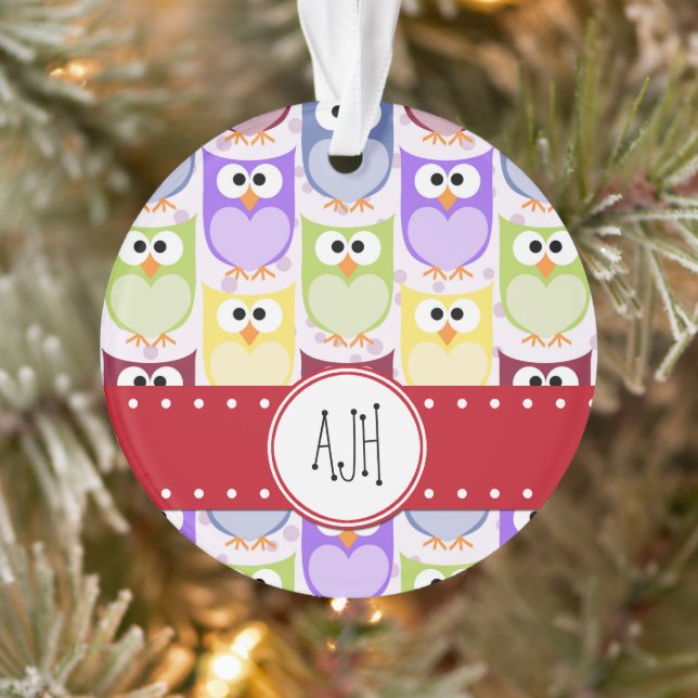 Cute Owls, Owl Pattern, Colourful Owls, Monogram Ornament (Tree)