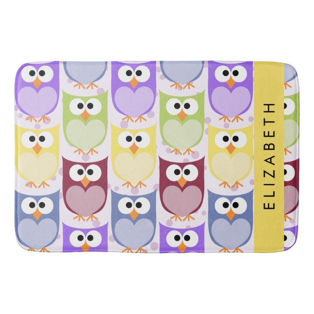 Cute Owls, Owl Pattern, Colourful Owls, Your Name Bath Mat (Front)