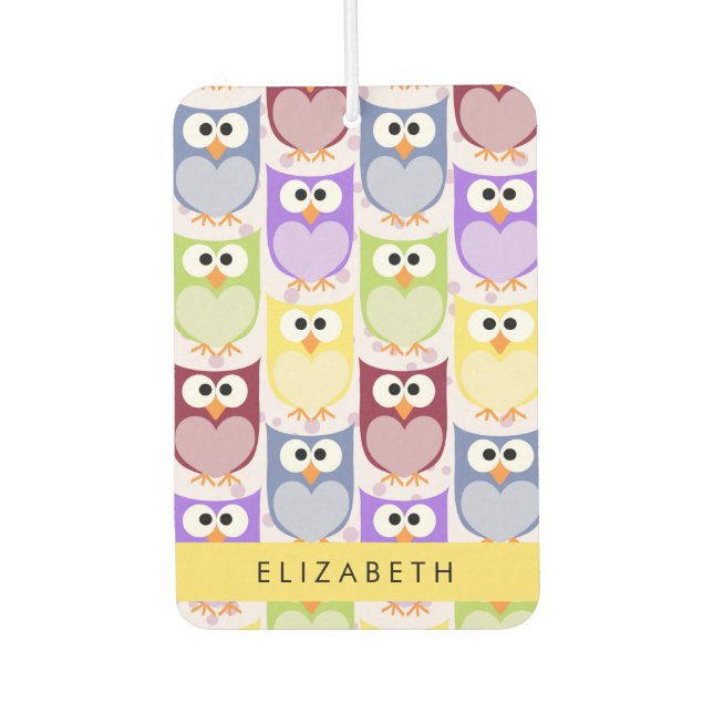 Cute Owls, Owl Pattern, Colourful Owls, Your Name Car Air Freshener (Front)