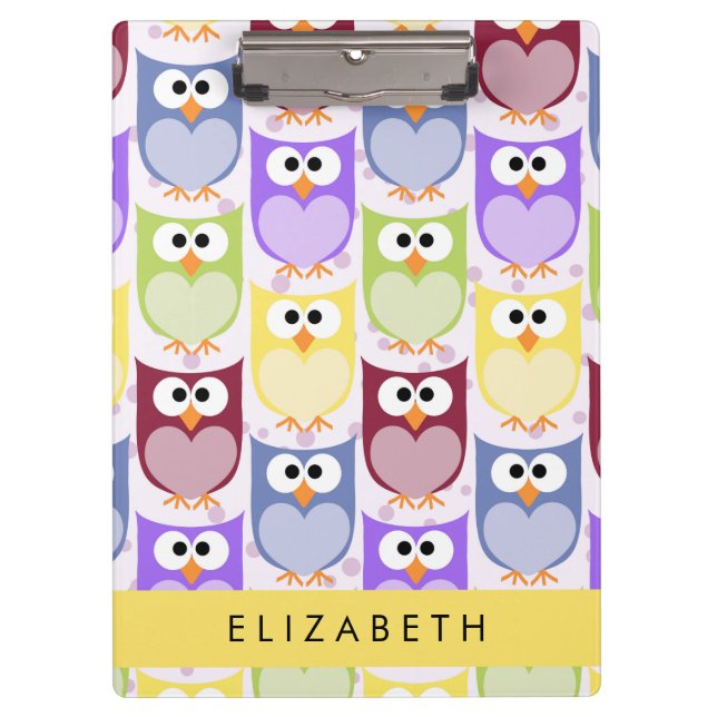 Cute Owls, Owl Pattern, Colourful Owls, Your Name Clipboard (Front)