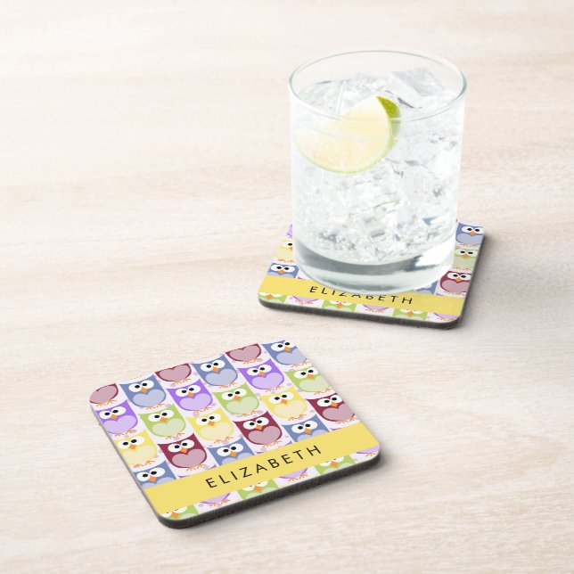 Cute Owls, Owl Pattern, Colourful Owls, Your Name Coaster (Right Side)