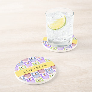Cute Owls, Owl Pattern, Colourful Owls, Your Name Coaster