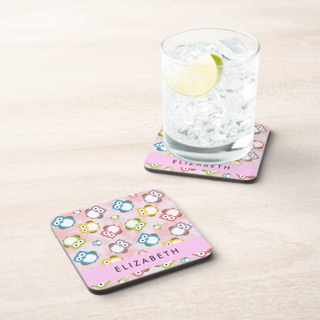 Cute Owls, Owl Pattern, Colourful Owls, Your Name Coaster (Right Side)