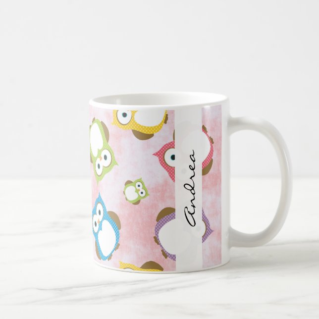 Cute Owls, Owl Pattern, Colourful Owls, Your Name Coffee Mug (Right)