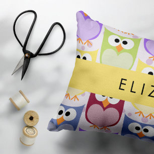 Cute Owls, Owl Pattern, Colourful Owls, Your Name Decorative Cushion