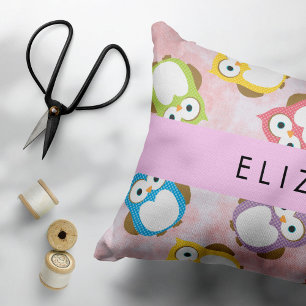 Cute Owls, Owl Pattern, Colourful Owls, Your Name Decorative Cushion