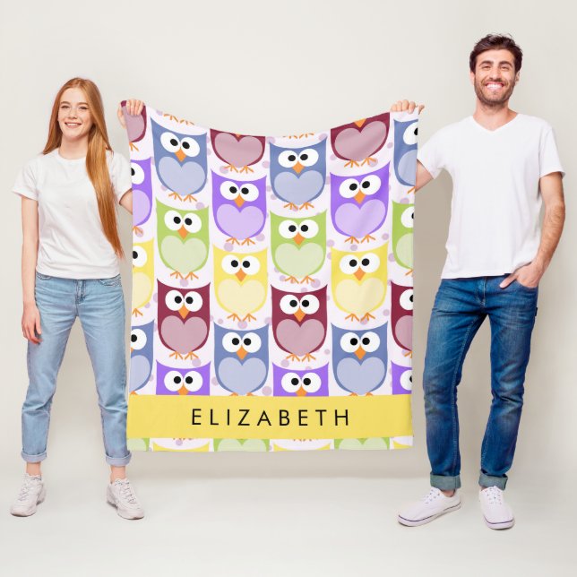 Cute Owls, Owl Pattern, Colourful Owls, Your Name Fleece Blanket (In Situ)