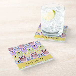 Cute Owls, Owl Pattern, Colourful Owls, Your Name Glass Coaster