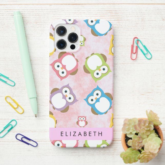 Cute Owls, Owl Pattern, Colourful Owls, Your Name iPhone Case (On Desk)